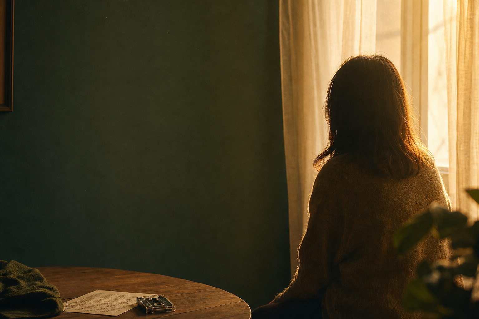 A quiet figure in warm window light beside a handwritten reading