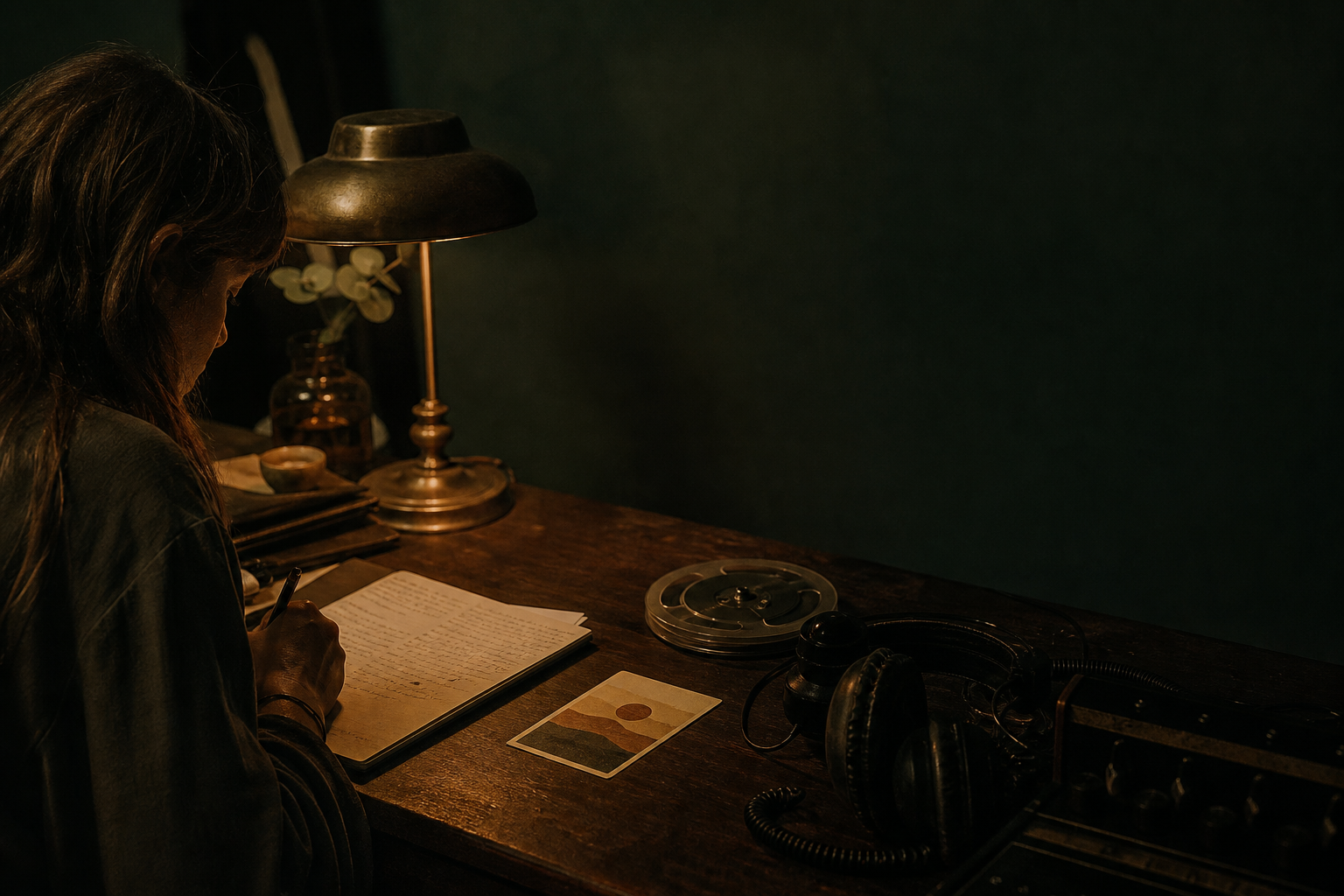 A reader writing at a lamp-lit desk beside a tape reel