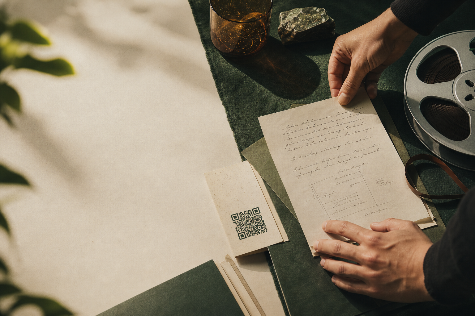 Hands preparing a private reader handoff beside tape
